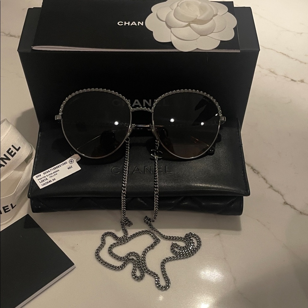 CHANEL Pantos Sunglasses with Silver Chain and Brown/Yellow Gradient Lense